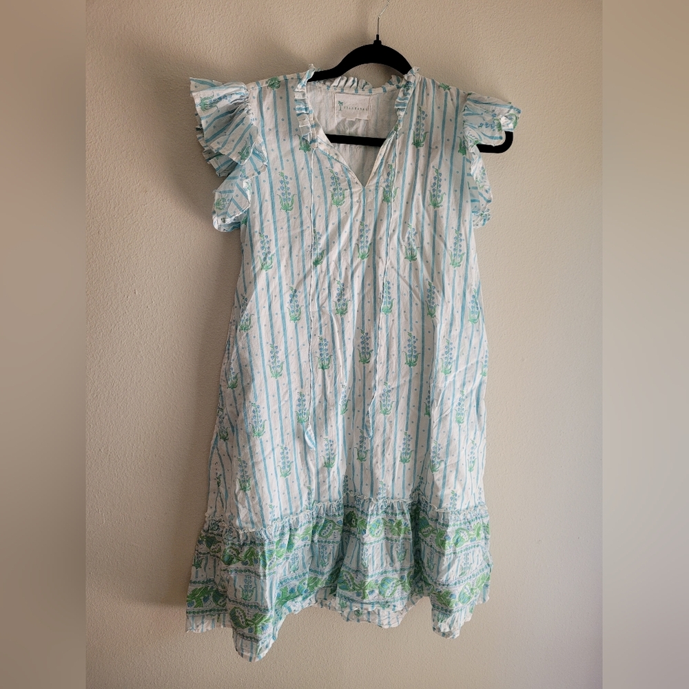 IslaPayal Block Print Floral Ruffle Sleeve Dress | Size Small